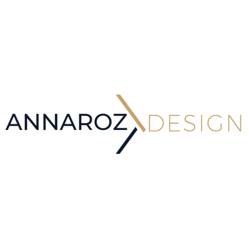 Ancien logo Annaroz Design : wordmark navy et or avec deux chevrons croisés, sur fond blanc