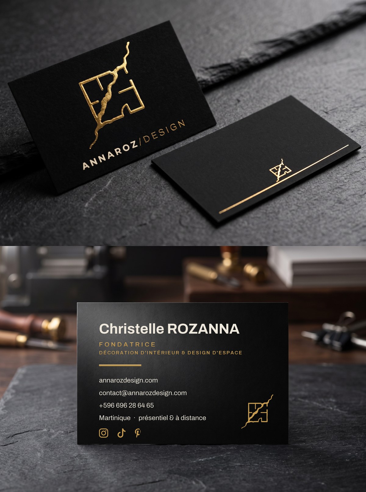 Carte de visite Annaroz Design : recto noir soft-touch avec symbole doré à chaud, verso noir avec coordonnées et réseaux gravés