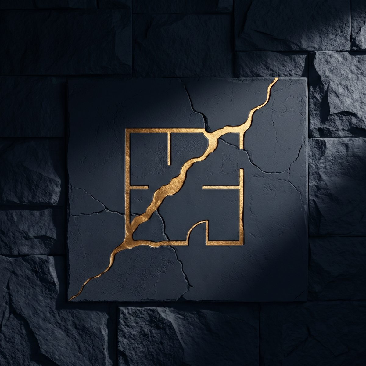Symbole Annaroz Design : un plan d'architecte gravé dans une dalle de pierre navy, traversé par une faille d'or façon kintsugi