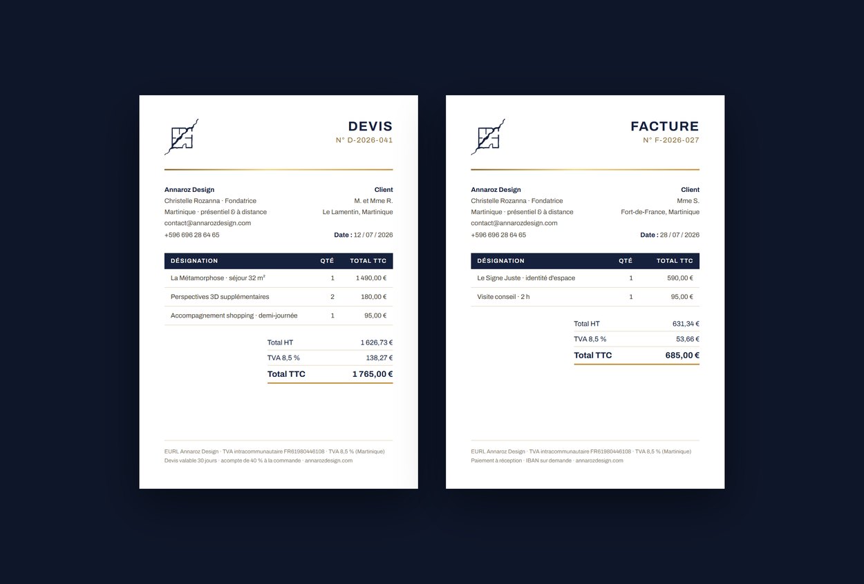 Devis et facture à en-tête Annaroz Design, TVA 8,5 %