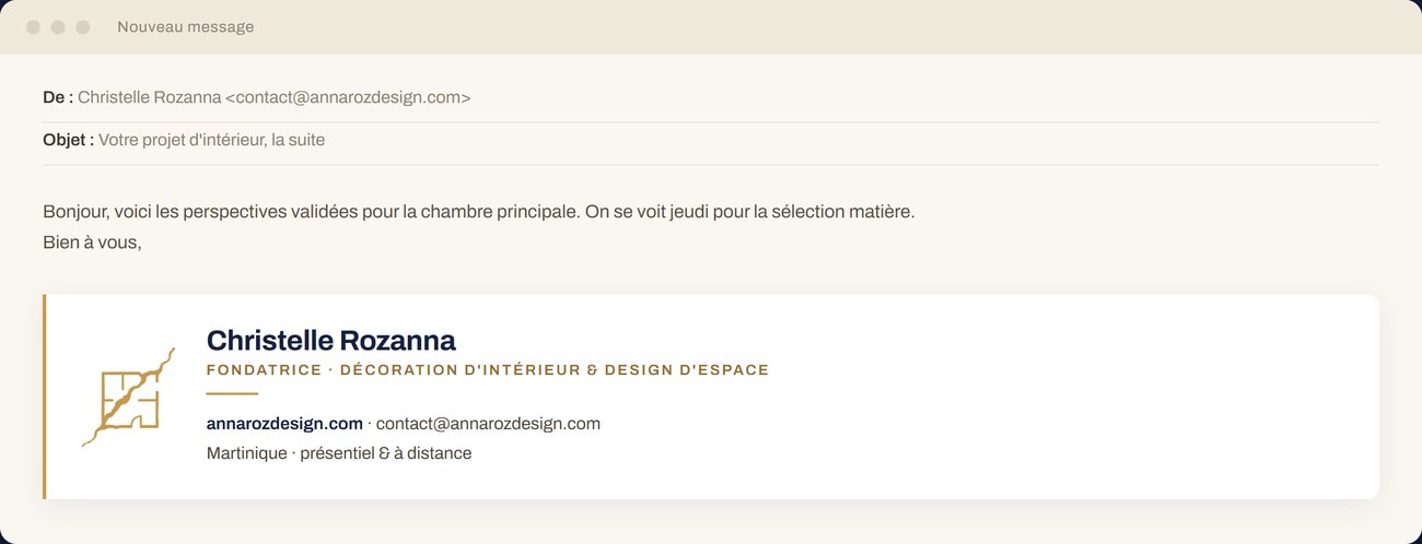 Signature email Annaroz Design : Christelle Rozanna, fondatrice, coordonnées