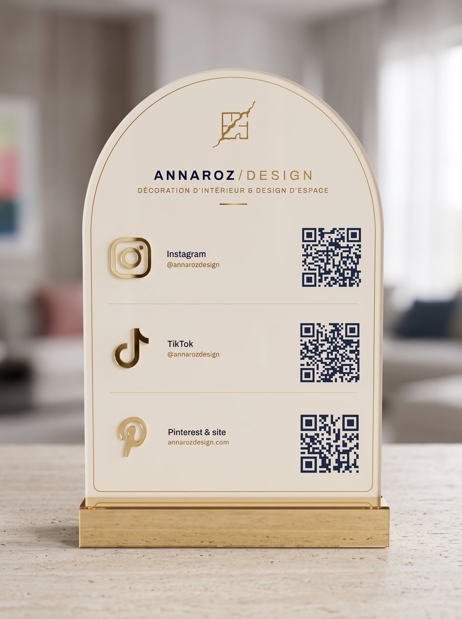 Plaque acrylique réseaux sociaux avec QR codes réels par réseau
