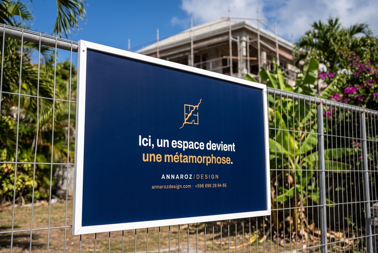 Panneau de chantier Annaroz Design devant une villa en rénovation