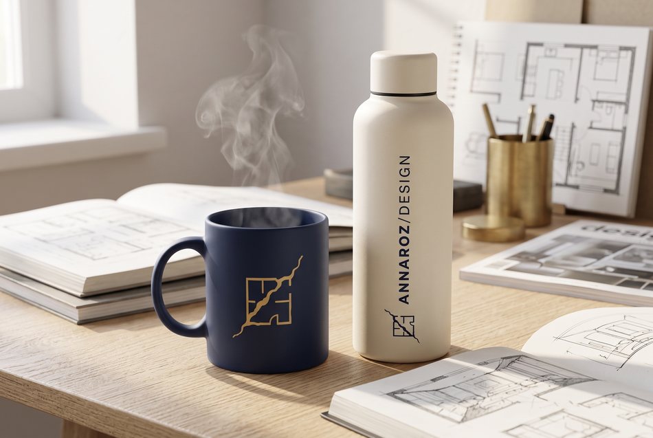Tasse navy et gourde crème à la marque