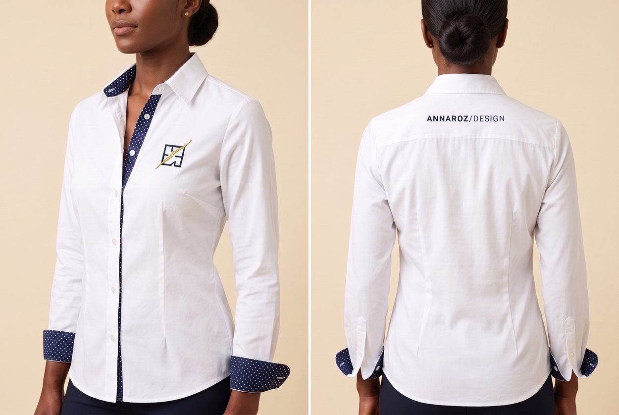 Textile de marque : t-shirt navy et chemise blanche brodés